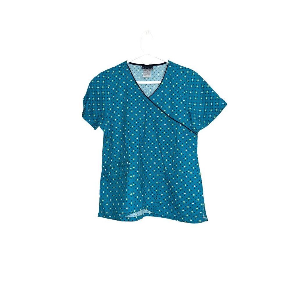 Cherokee Womens Turquoise Polka Dot Scrub Top Size M 100% Cotton Short Sleeves